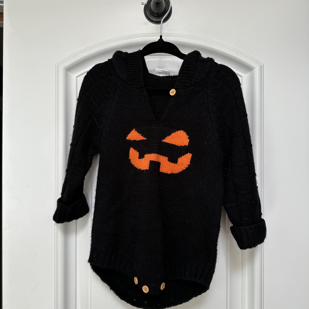 Halloween Jack-O-Lantern Knit Sweater Onesie with Hood 9-12m